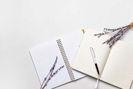 Notebooks with pen on white backgroundの写真素材
