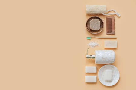 Set of bath accessories on color backgroundの写真素材