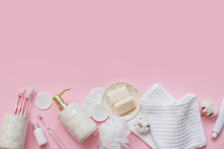 Set of bath accessories on color backgroundの写真素材