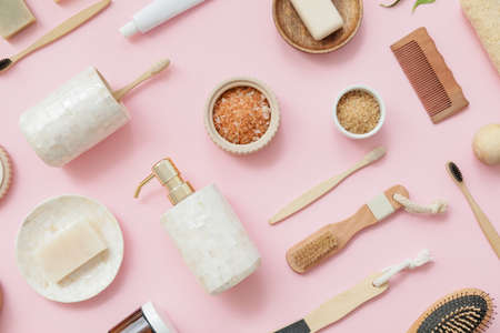 Set of bath accessories on color backgroundの写真素材