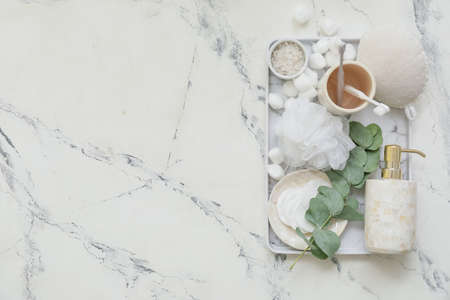 Set of bath accessories light backgroundの写真素材