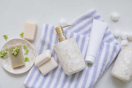 Set of bath accessories on white backgroundの写真素材