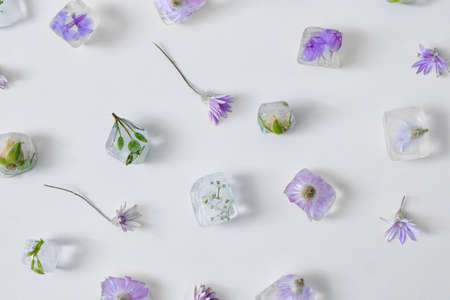 Beautiful flowers frozen in ice on light backgroundの写真素材