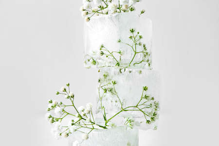 Beautiful flowers frozen in ice on light backgroundの写真素材