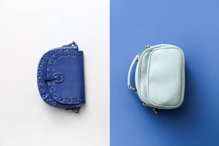 Stylish bags on color background