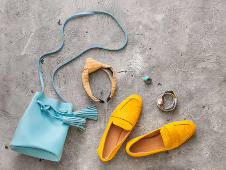 Stylish bag, accessories and shoes on gray backgroundの写真素材