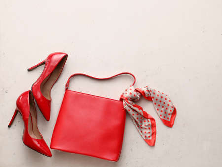 Stylish bag and shoes on light backgroundの写真素材