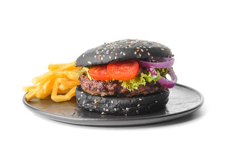 Tasty burger with black bun and french fries on white backgroundの写真素材