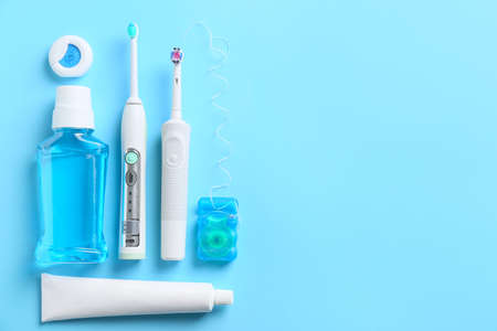 Set for oral hygiene on color background