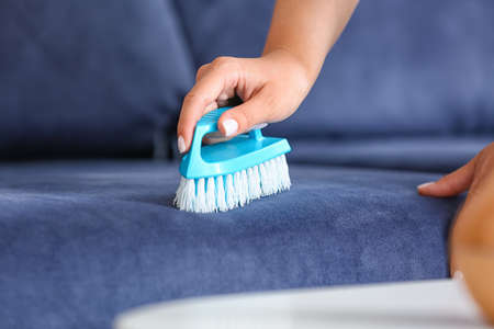 Woman removing dirt from sofa at homeの写真素材