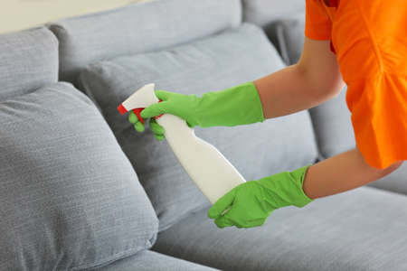 Dry cleaner's employee removing dirt from sofa in houseの写真素材