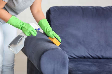 Woman removing dirt from sofa at home