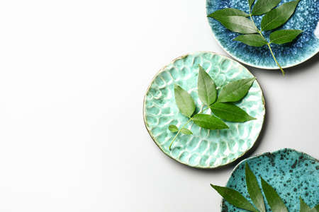 Plates with green ash leaves on white backgroundの写真素材