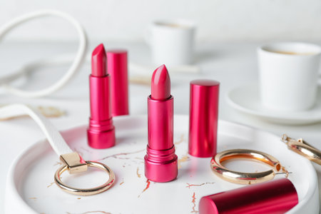 Beautiful lipsticks and bijouterie on tableの写真素材