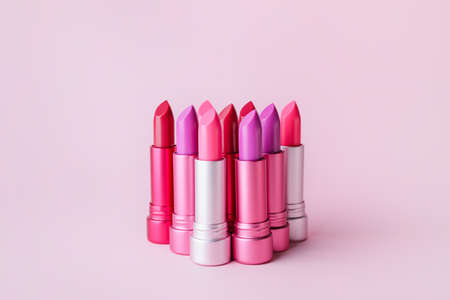 Different lipsticks on color backgroundの写真素材