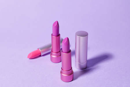Different lipsticks on color backgroundの写真素材