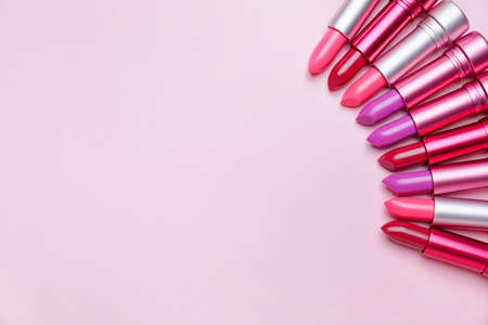 Different lipsticks on color backgroundの写真素材