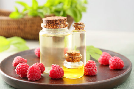 Bottles of raspberry essential oil on tableの写真素材
