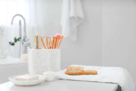 Set of bath accessories on tableの写真素材