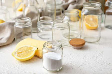 Jars with natural detergents on white background. Ecology conceptの写真素材