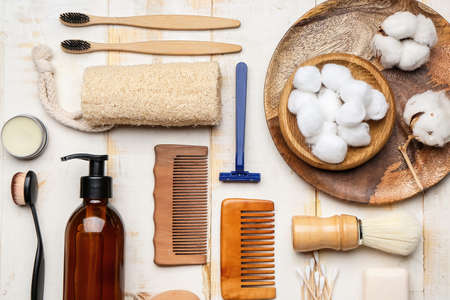 Natural bathing supplies on white wooden background. Ecology conceptの写真素材
