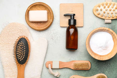 Natural bathing supplies on color backgroundの写真素材