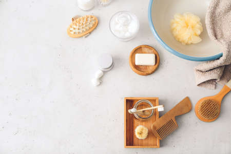 Natural bathing supplies on table in bathroom. Ecology conceptの写真素材