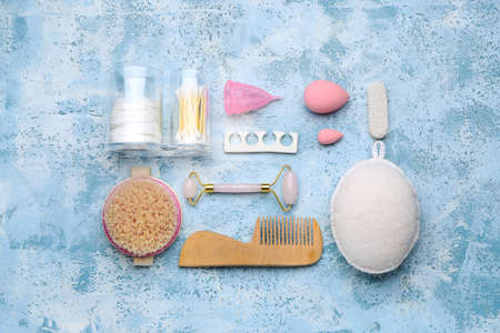 Personal hygiene products on color background. Ecology conceptの写真素材