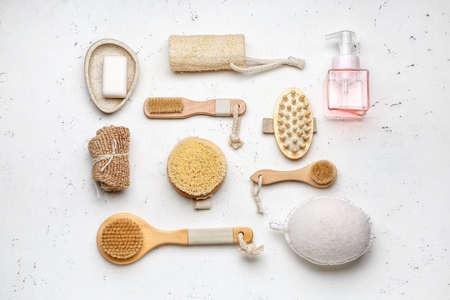 Natural bathing supplies on white background. Ecology conceptの写真素材