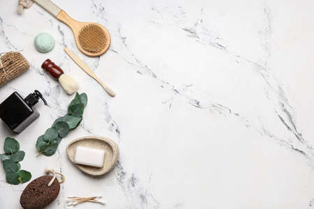 Natural bathing supplies on white background. Ecology conceptの写真素材