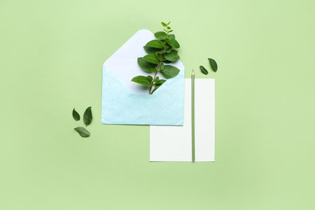 Envelope with paper sheet, pencil and green leaves on color backgroundの写真素材