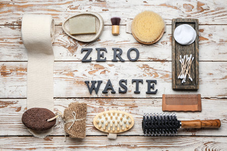 Natural bathing supplies on white wooden background. Ecology conceptの写真素材
