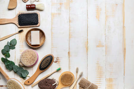 Natural bathing supplies on white wooden background. Ecology conceptの写真素材