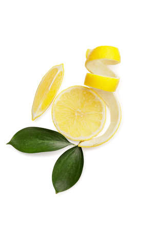Slices of ripe lemon with zest on white background