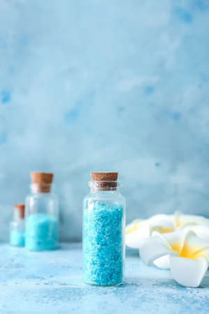 Spa composition with sea salt on color backgroundの写真素材