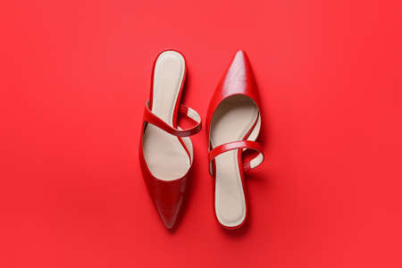 Female shoes on color background