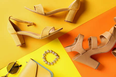 Female shoes and accessories on color backgroundの写真素材