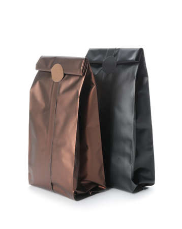 Blank coffee bags on white backgroundの写真素材