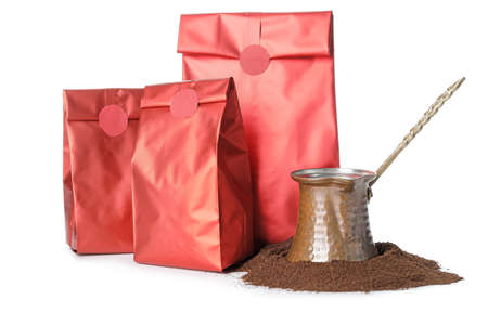 Blank coffee bags and jezve on white backgroundの写真素材