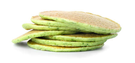 Tasty green pancakes on white backgroundの写真素材
