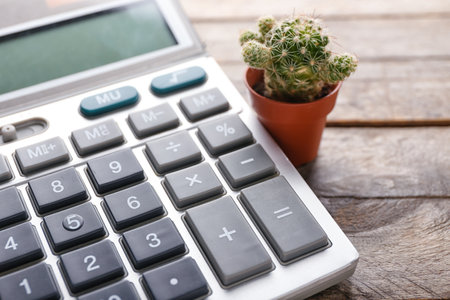 Modern calculator and cactus on wooden background, closeupの写真素材