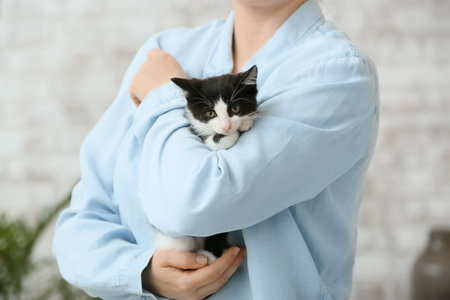 Woman with cute funny kitten at home, closeupの写真素材