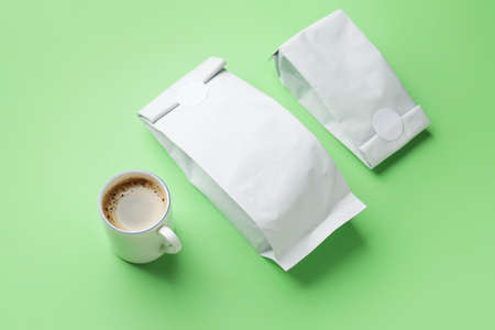 Composition with aromatic coffee on color backgroundの写真素材