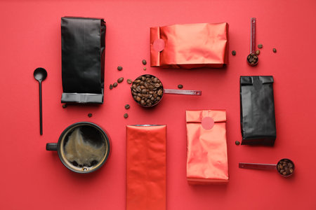 Composition with aromatic coffee on color backgroundの写真素材