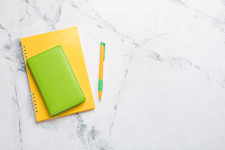 Notebooks and pen on light background