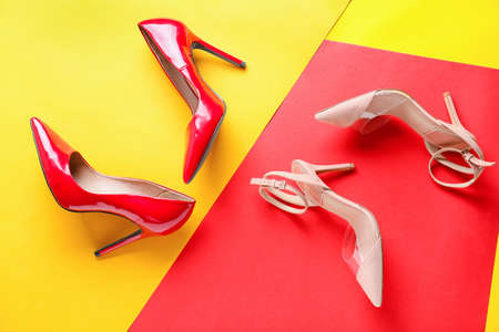 Stylish female shoes on color backgroundの写真素材