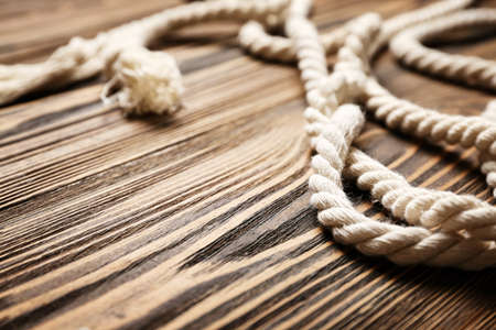 Long rope on wooden backgroundの写真素材