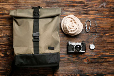 Set of travel items on wooden backgroundの写真素材
