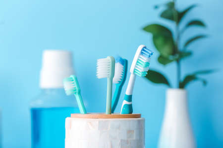 Holder with toothbrushes on table in bathroomの写真素材