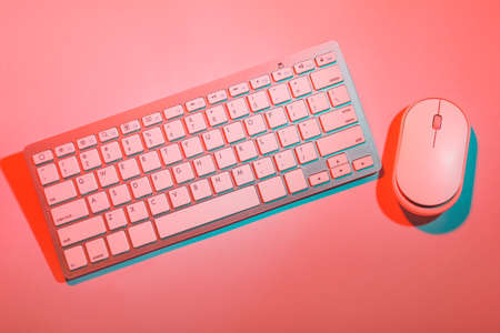 Computer keyboard and mouse on color backgroundの写真素材